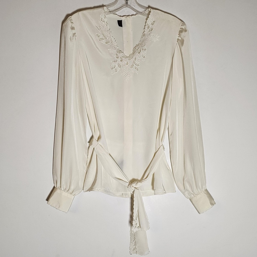 VINTAGE Espresso Blouse Womens 8 Ivory Satin Lace Tie Waist Back Button 80s Cute
